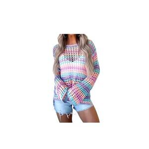 Oversized Open Knit Pull Over Sweater Beach Coverup Multicolor Pastel M